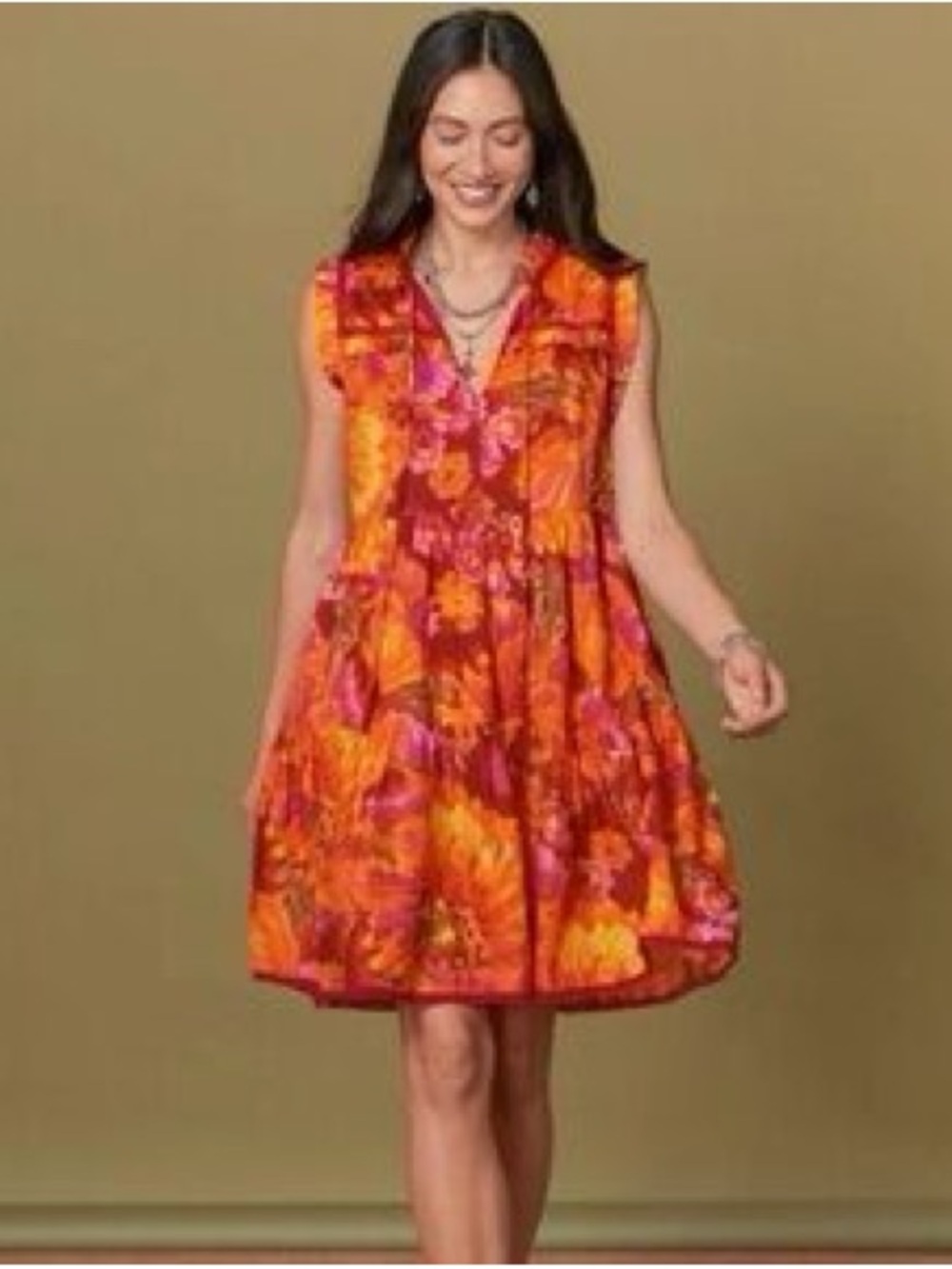V-Neck Floral Tiered Mini Dress in Orange and Pink